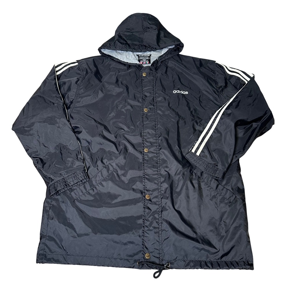 Vintage Adidas Mens Black 3-Stripe Hooded Windbreaker Parka Jacket Size M